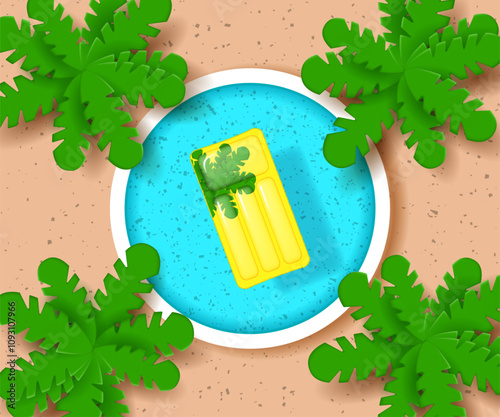Palm tree and inflatable float mattress on blue water.