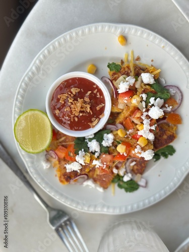 Corn fritters Cachapas with salsa. Venezuelan food photo