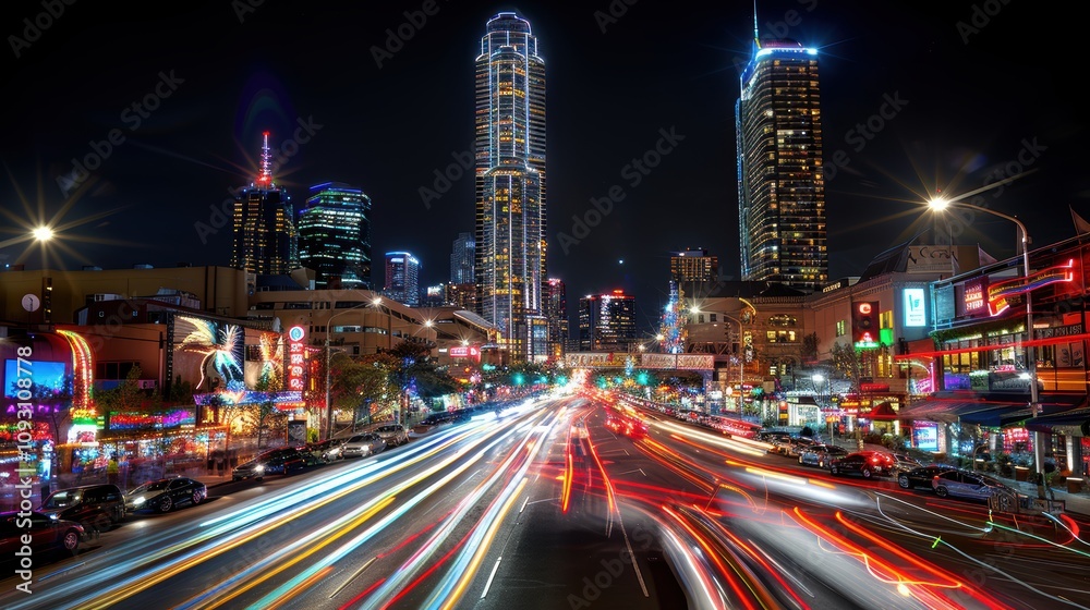 Fototapeta premium A bustling nightlife cityscape captured in a vibrant display of colorful lights and modern skyscrapers against a dramatic night sky backdrop