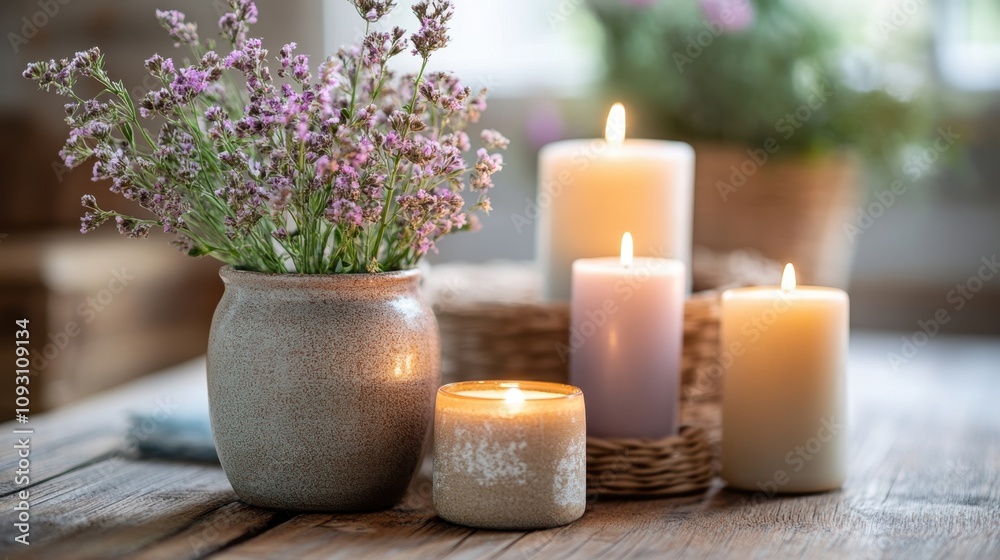 Candle Day Cozy home decor with lit candles and rustic lavender flowers for a peaceful atmosphere Candle Day Cozy home decor with lit candles and rustic lavender flowers for a peaceful atmosphere