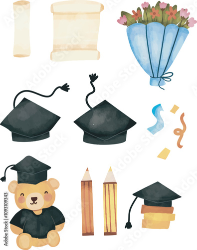 Watercolor gradution set illustration. Illustration clipart of a watercolour graduation cap. Graduation vector art, graduation clip art, Isolated on a white background. Graduation certificate
