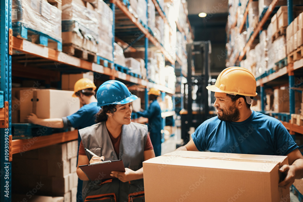 Warehouse workers in hard hats checking inventory and lifting boxes Warehouse workers in hard hats checking inventory and lifting boxes