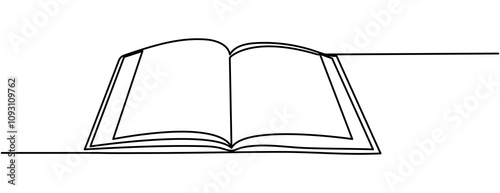 One line drawing of opened book isolated on white background. Continuous one line drawing of open book with flying pages. Education and knowledge library concept in simple linear style. Editable 