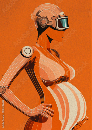 Woman-Retro-Scifi-vr-ar-goggles_Pregnatn woman using futuristic vr goggles