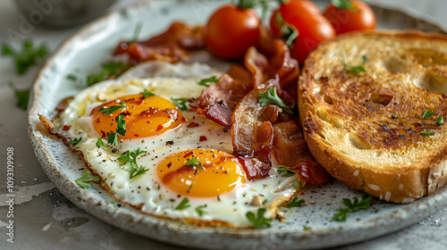 Photo - Sunny-Side Up Eggs with Crispy Bacon and Toast Breakfast