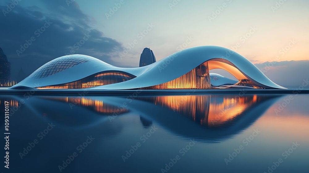 Captivating sunset reflection of modern architecture by water Captivating sunset reflection of modern architecture by water