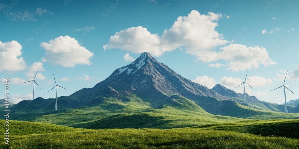 Obraz premium Net zero emissions impact concept. Majestic mountain landscape with wind turbines and greenery.
