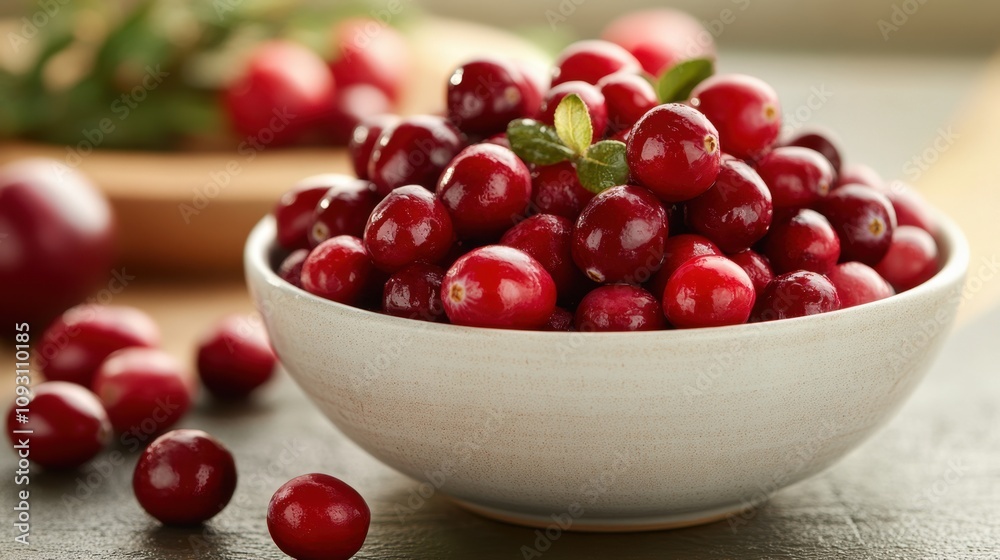Fresh cranberries in a ceramic bowl on rustic wooden table National Cranberry Relish Day