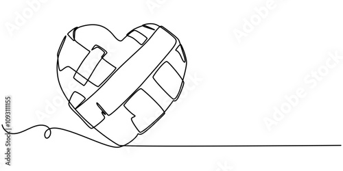 continuous one line drawing Sewn Broken Heart, Broken red love heart repaired with band aids, Broken Heart Mended with Plasters, Isolated Paper Heart Torn And Mend