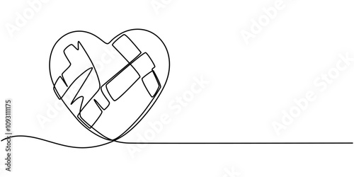 continuous one line drawing Sewn Broken Heart, Broken red love heart repaired with band aids, Broken Heart Mended with Plasters, Isolated Paper Heart Torn And Mend