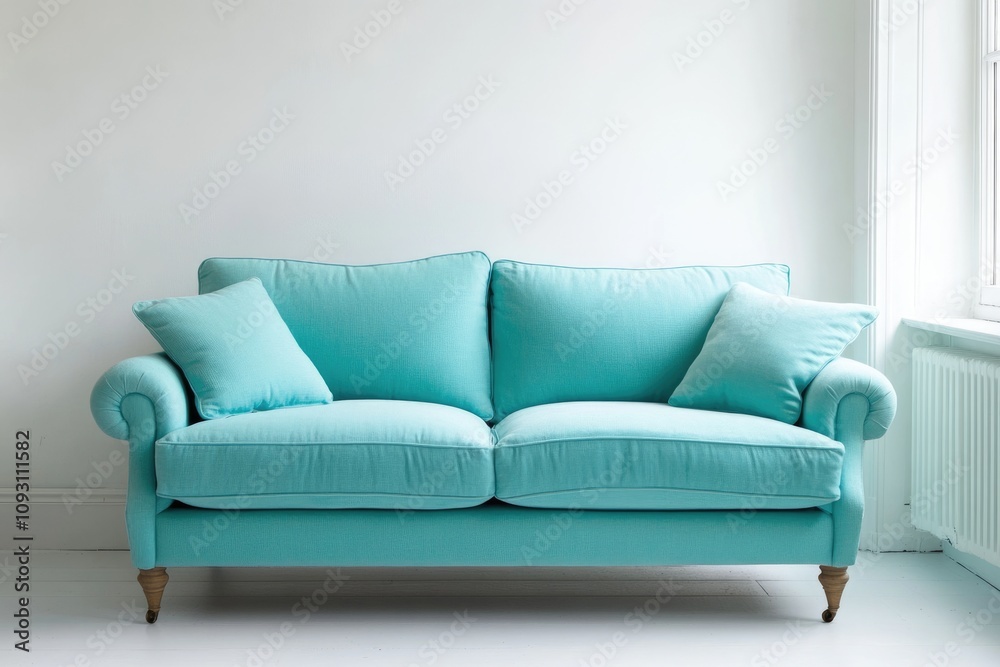 Modern Minimalist Living Room with Turquoise Sofa and Blank White Wall. Cozy Interior Design Concept Modern Minimalist Living Room with Turquoise Sofa and Blank White Wall. Cozy Interior Design Concept