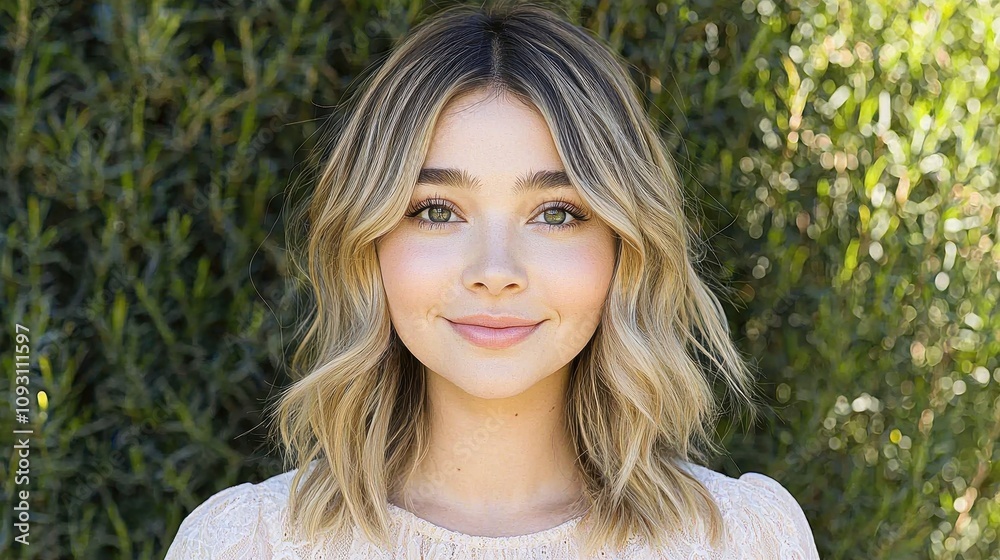 Beautiful young woman with wavy blonde hair standing outdoors in front of green foliage, exuding a warm smile and natural charm in a casual yet stylish attire