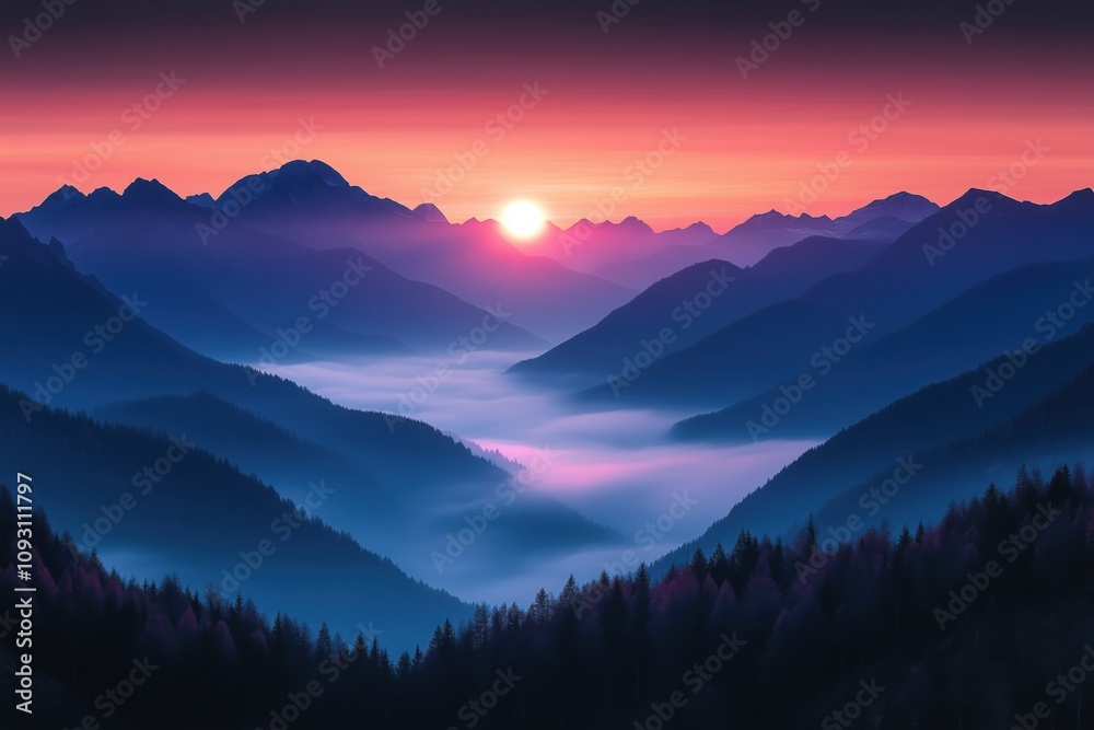 Rolling hills shrouded in coniferous forest as low fog fills the valley during a stunning sunrise with vibrant sky colors Rolling hills shrouded in coniferous forest as low fog fills the valley during a stunning sunrise with vibrant sky colors
