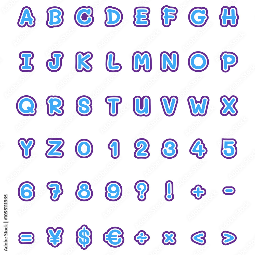 水色の袋文字のアルファベット大文字と数字と記号 水色の袋文字のアルファベット大文字と数字と記号