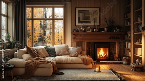 Cozy autumn living room with fireplace home interior design warmth relaxation