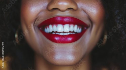 Close-Up of a Beautiful Woman Smiling with Vibrant Red Lipstick and Natural Makeup, Showcasing Her Radiant Teeth and Joyful Expression Against a Soft Background