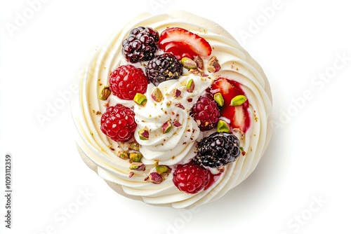 Perfect mini Pavlova cake with whipped mascarpone cream and fresh berries slices, sprinkled with crushed pistachios and almond. top view isolated on white background