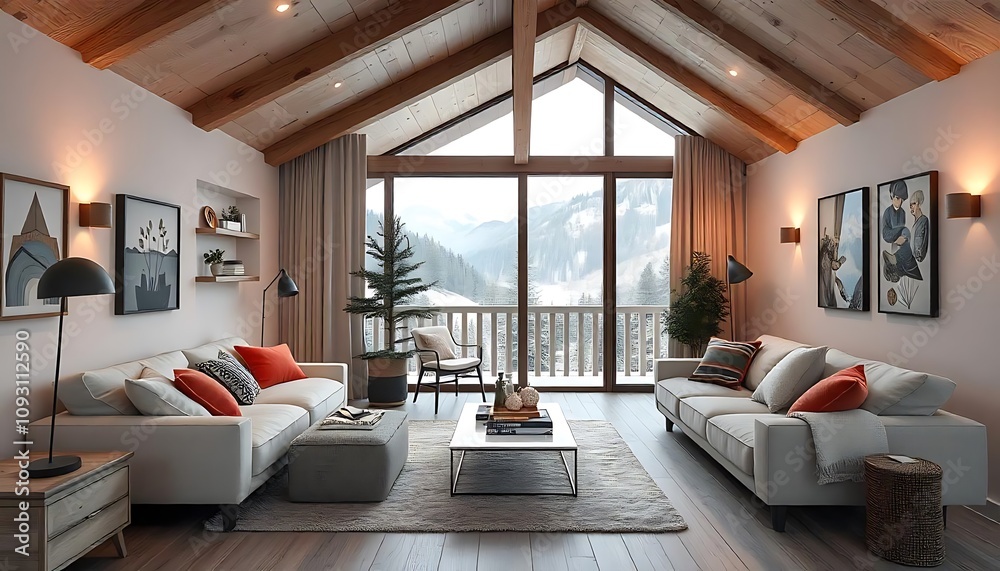 Fototapeta premium Cozy Modern Living Room With Scenic Mountain View. generator AI