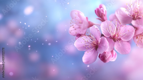 Delicate Pink Cherry Blossom Flowers Against a Soft Blue Background with Glittering Bokeh for a Serene and Refreshing Nature Themed Design