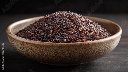 Close-up of a bowl filled with dark-colored grains, possibly black rice or sesame seeds.