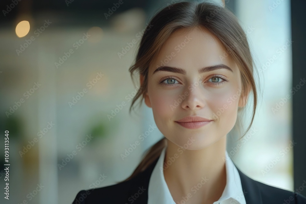 Close-up headshot Confident European young woman, good looking teenager, middle aged leader, businesswoman, CEO on blurred office background. Beautiful young European businesswoman smiles at thecamera Close-up headshot Confident European young woman, good looking teenager, middle aged leader, businesswoman, CEO on blurred office background. Beautiful young European businesswoman smiles at thecamera