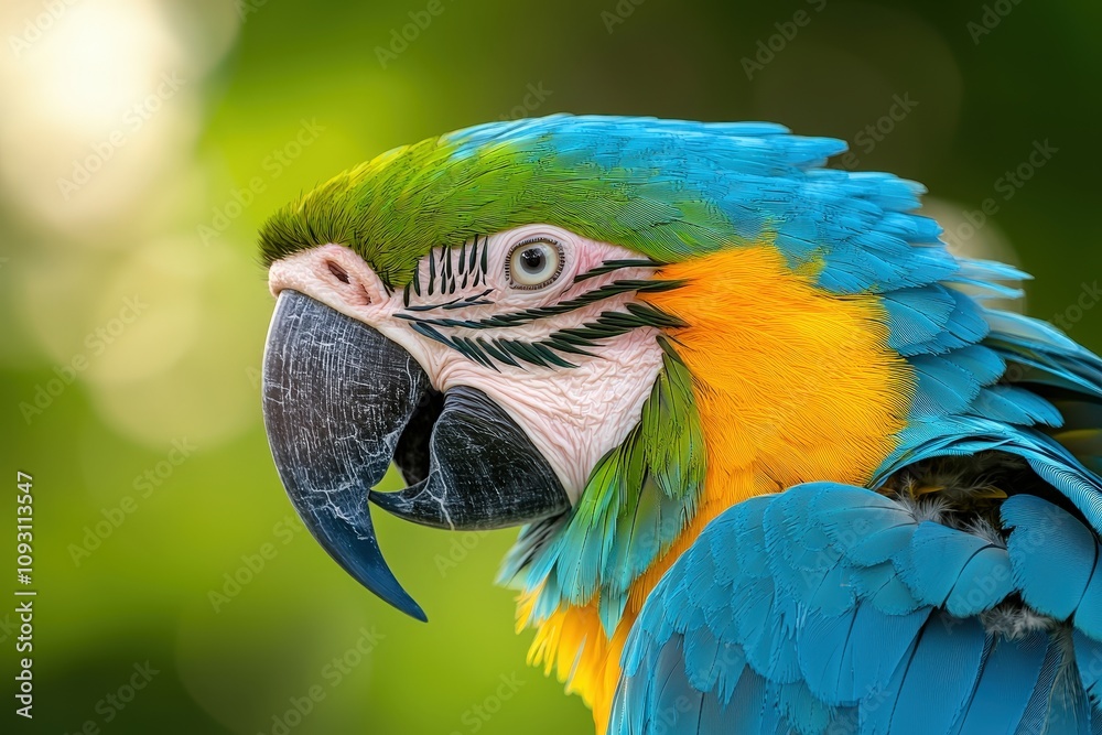 Obraz premium Close-Up of a Vibrant Blue Macaw Feathering with Intricate Barbs against a Soft Green Outdoor Background in Natural Light