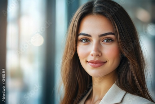 Wallpaper Mural Close-up headshot Confident European young woman, good looking teenager, middle aged leader, businesswoman, CEO on blurred office background. Beautiful young European businesswoman smiles at thecamera Torontodigital.ca