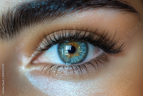 Macro closeup showcasing a stunning eye with long, dark lashes, perfect makeup, reflecting light and emphasizing the intricate details of the iris and pupil