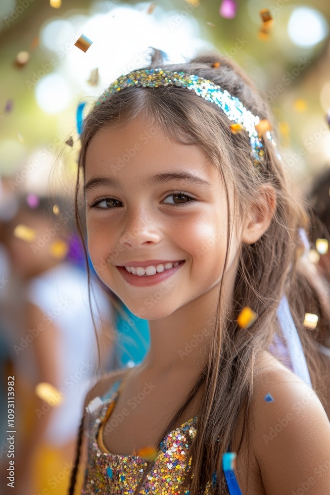 A young girl smiles brightly while celebrating Purim, surrounded by colorful confetti and a cheerful crowd during a festive outdoor event A young girl smiles brightly while celebrating Purim, surrounded by colorful confetti and a cheerful crowd during a festive outdoor event