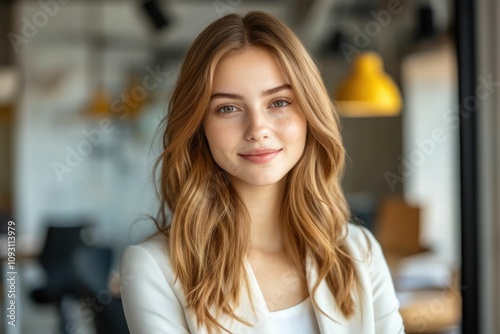 Wallpaper Mural Close-up headshot Confident European young woman, good looking teenager, middle aged leader, businesswoman, CEO on blurred office background. Beautiful young European businesswoman smiles at thecamera Torontodigital.ca