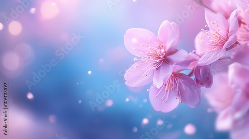 Delicate Pink Cherry Blossom Flowers in Soft Focus Against a Dreamy Blue and Purple Background, Evoking a Serene Spring Atmosphere Filled with Gentle Light