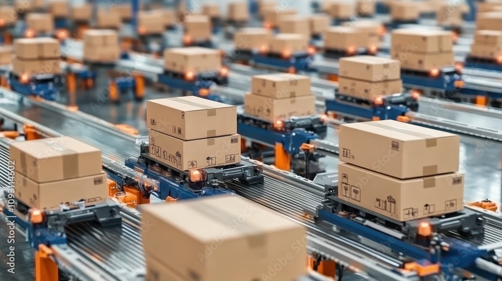 Automated package sorting process warehouse industrial operations indoor aerial view supply chain efficiency Automated package sorting process warehouse industrial operations indoor aerial view supply chain efficiency