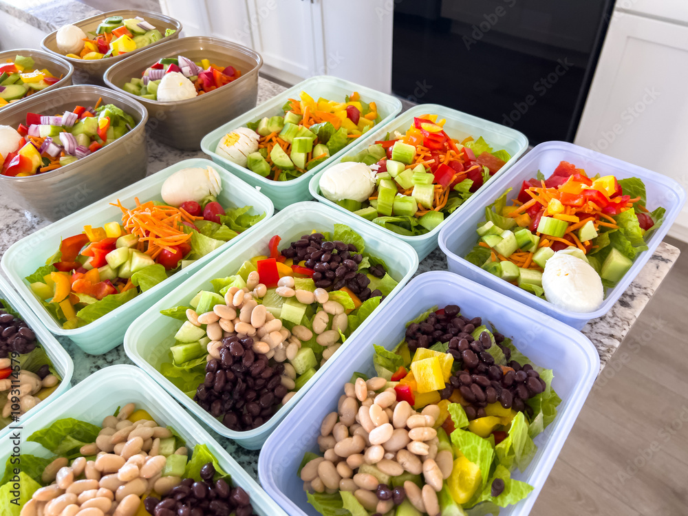 Meal Prep with Colorful Salads in Containers Meal Prep with Colorful Salads in Containers