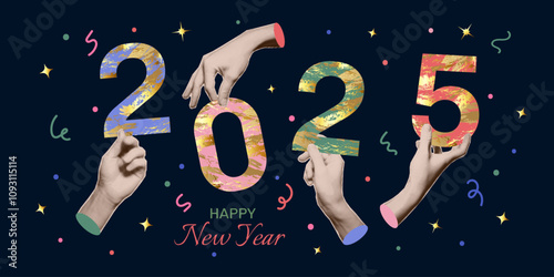 New year collage. Hands with trendy halftone effect holding numbers 2025. Vector design elements, greeting card, invitation, banner.