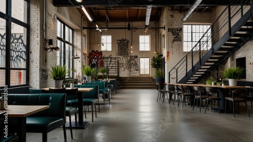 Here's a caption and keywords for your stock photo.. Spacious industrial-chic restaurant interior with teal booths, metal stairs, and large windows.