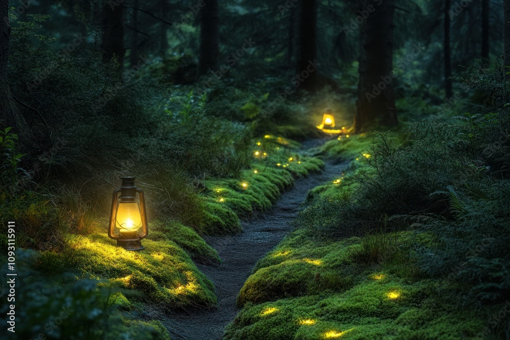 Fototapeta premium Illuminated Forest Path With Lanterns And Moss