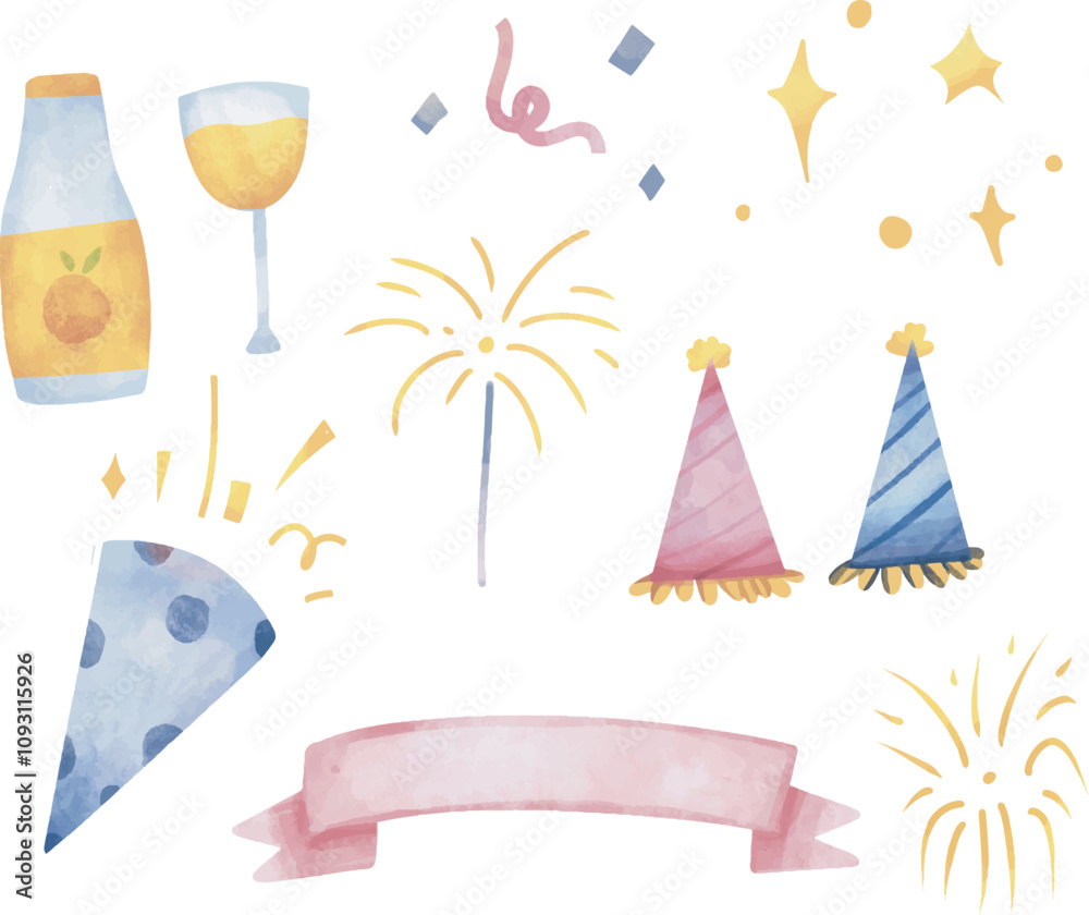 Watercolor new year clip art set, new year party, hand drawn new year party attributes, new year clip art, fire work, party hat, balloons, ribbon, new year vector art isolated on white background
