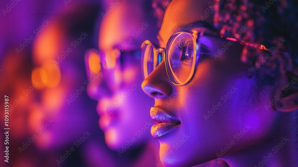 Educators from diverse backgrounds engaging with artificial intelligence through technology in vibrant colors of purple, orange, and yellow Educators from diverse backgrounds engaging with artificial intelligence through technology in vibrant colors of purple, orange, and yellow