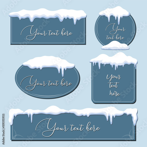 Snow Cap. Christmas snow buttons, frames, banners with snow cap. Sale web tags. Card or poster template. Editable background.