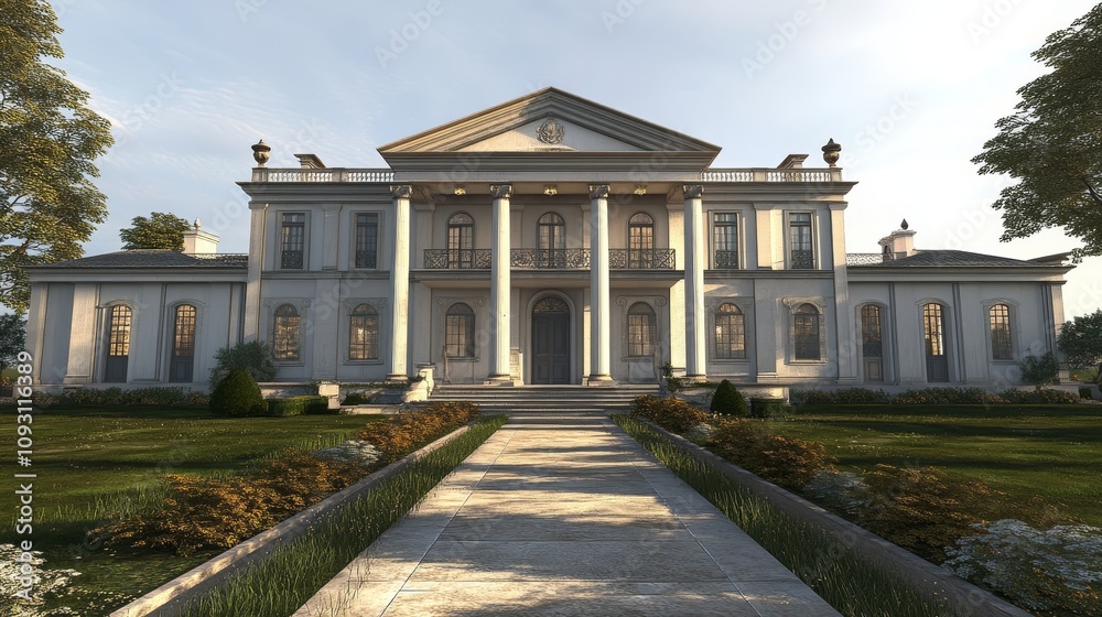 Obraz premium Majestic Mansion With Grand Architecture Surrounded by Lush Gardens During a Serene Afternoon