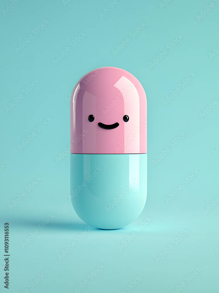 A blue pink tablet with a smile. Minimal, funny and modern composition for medicine, health and humor on a pastel blue background. A blue pink tablet with a smile. Minimal, funny and modern composition for medicine, health and humor on a pastel blue background.