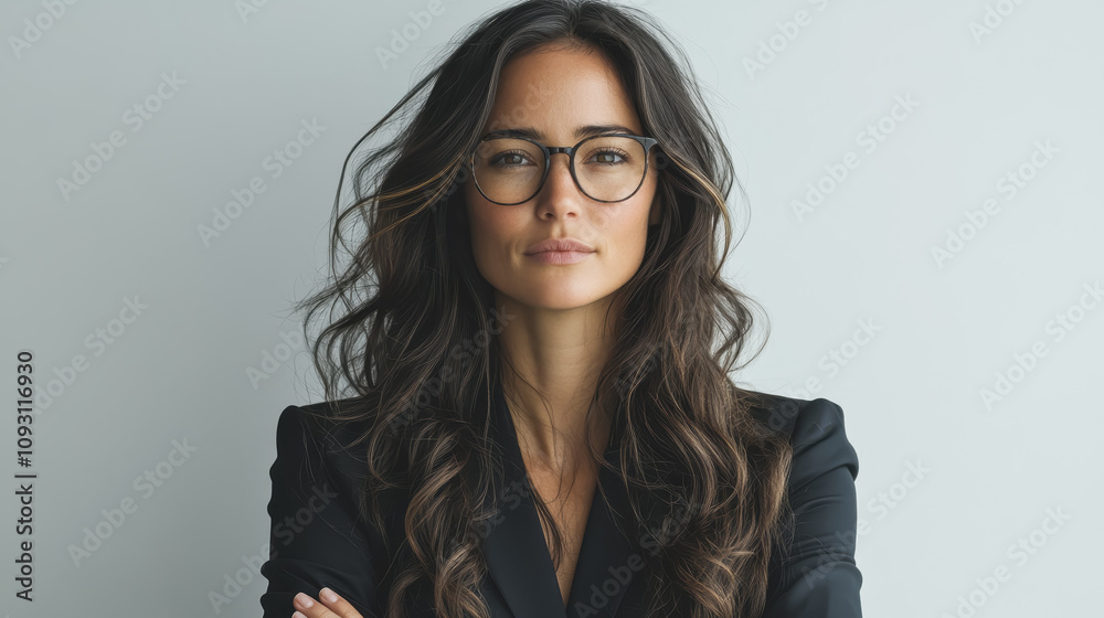 Confident Businesswoman with Glasses and Long Hair Standing Against a Light Background, Exuding Professionalism and Poise in a Modern Environment Confident Businesswoman with Glasses and Long Hair Standing Against a Light Background, Exuding Professionalism and Poise in a Modern Environment