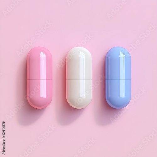 Three capsule pills on a pastel pink background. Minimal, surreal and modern composition for medicine and health.