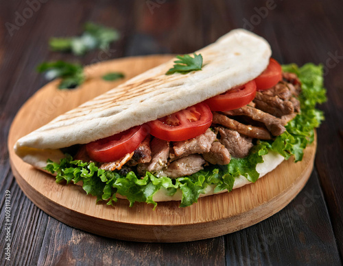 A mouth-watering pita sandwich filled with sliced meat, fresh tomatoes, and crisp lettuce is served on a wooden service board. photo