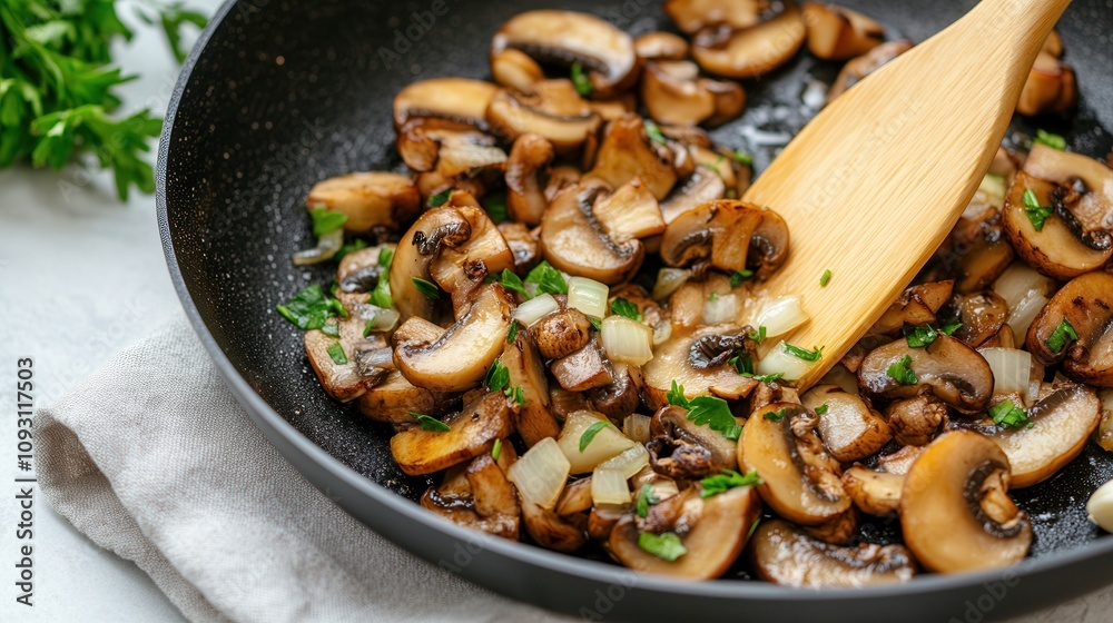 Cooking chopped onions, garlic, and mushrooms in a skillet on a white kitchen table with fresh herbs nearby Cooking chopped onions, garlic, and mushrooms in a skillet on a white kitchen table with fresh herbs nearby