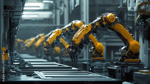 Synchronized robotic arms working on a vehicle assembly line 