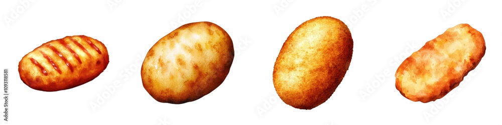 Fototapeta premium Crispy potato croquettes in various shapes and textures, perfect for finger food. These delicious snacks are ideal for parties and gatherings, adding delightful crunch to any meal