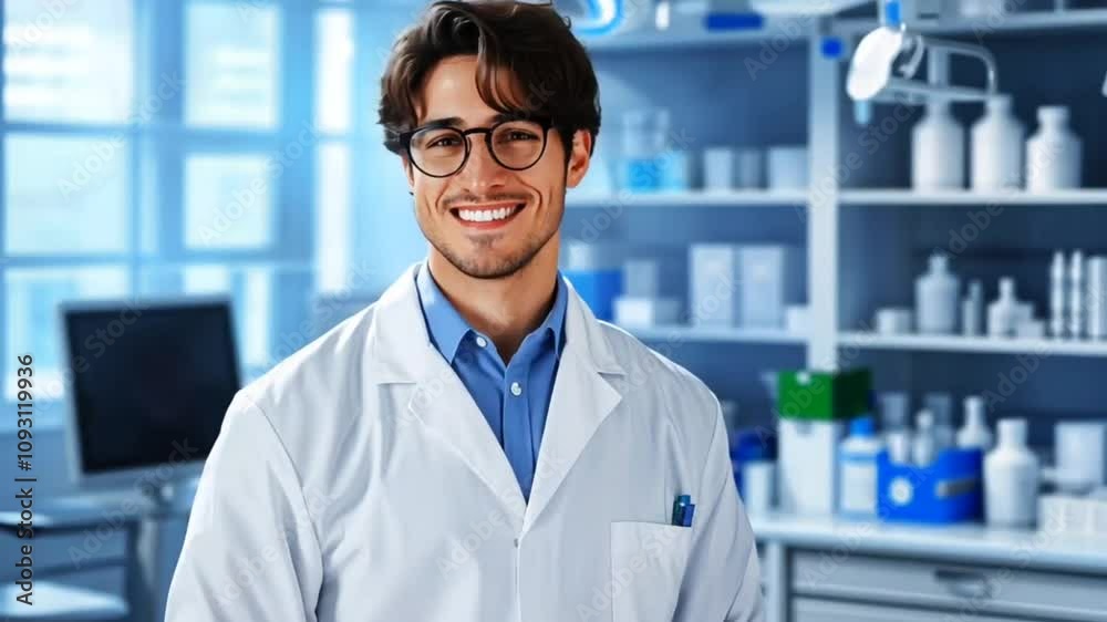 Confident male pharmacist in a white coat working in a clinical laboratory Confident male pharmacist in a white coat working in a clinical laboratory