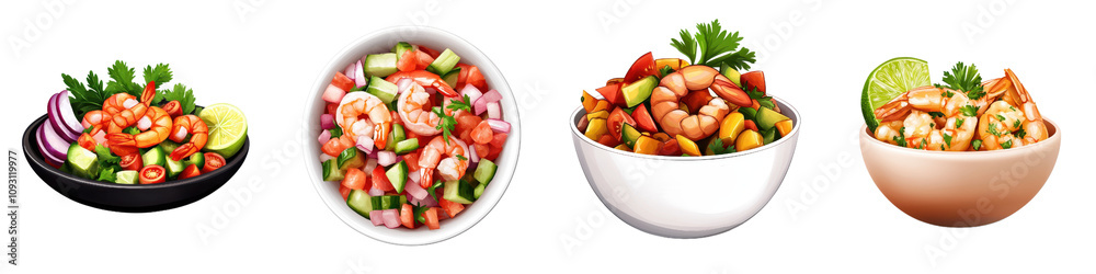 Fresh shrimp ceviche in various bowls, featuring vibrant vegetables and garnishes. This tropical dish showcases colorful ingredients, perfect for refreshing meal