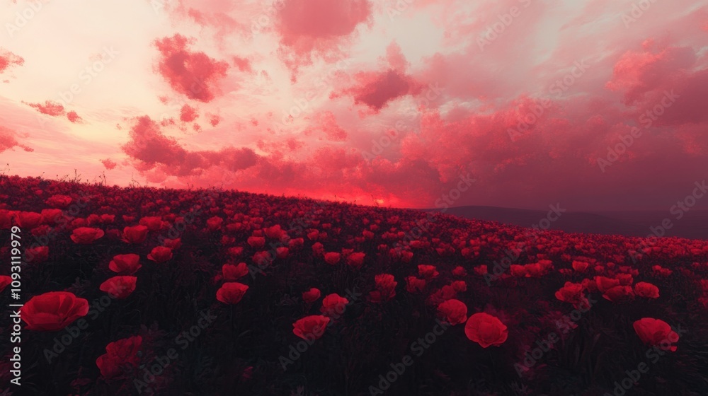 Fototapeta premium Majestic Sunset Over Vibrant Poppy Field with Dramatic Clouds and Fiery Sky Illuminating Nature's Beauty and Serenity